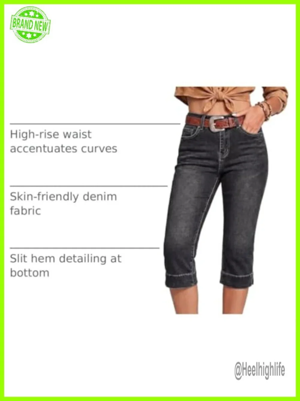 High Waisted Split Hem Cropped Capri Jeans Stretch Denim